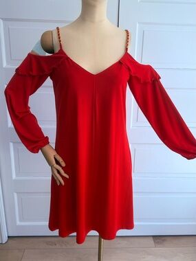 Michael Kors Red Cold-Shoulder Chain-Trim Mini Dress